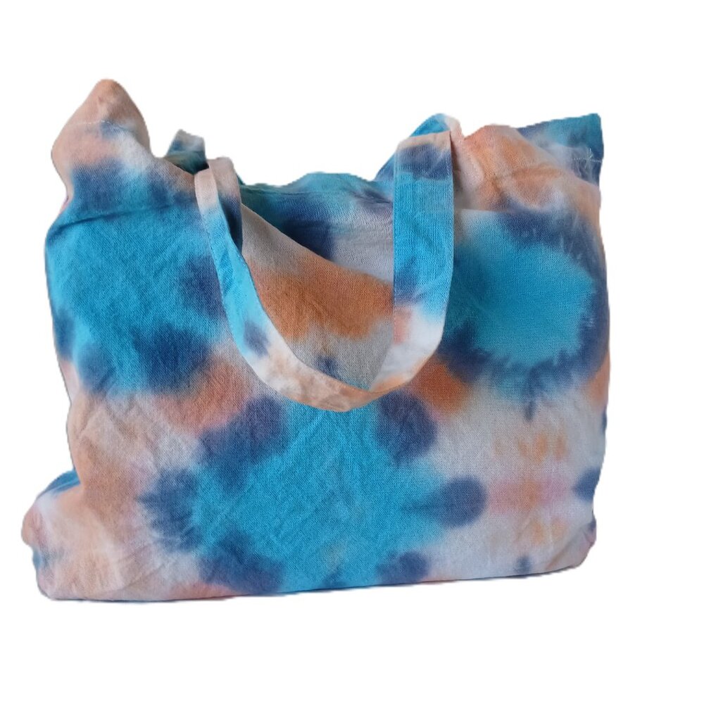 Tie Dye Cotton Reusable Grocery Tote Bag With Colorbursts in Orange Blue & Pink - Picture 15 of 16
